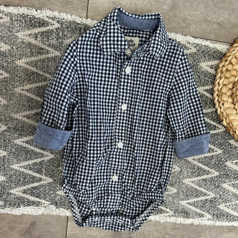 Oshkosh B’Gosh Baby Boy Navy White Gingham Checkered Button-Front Bodysuit